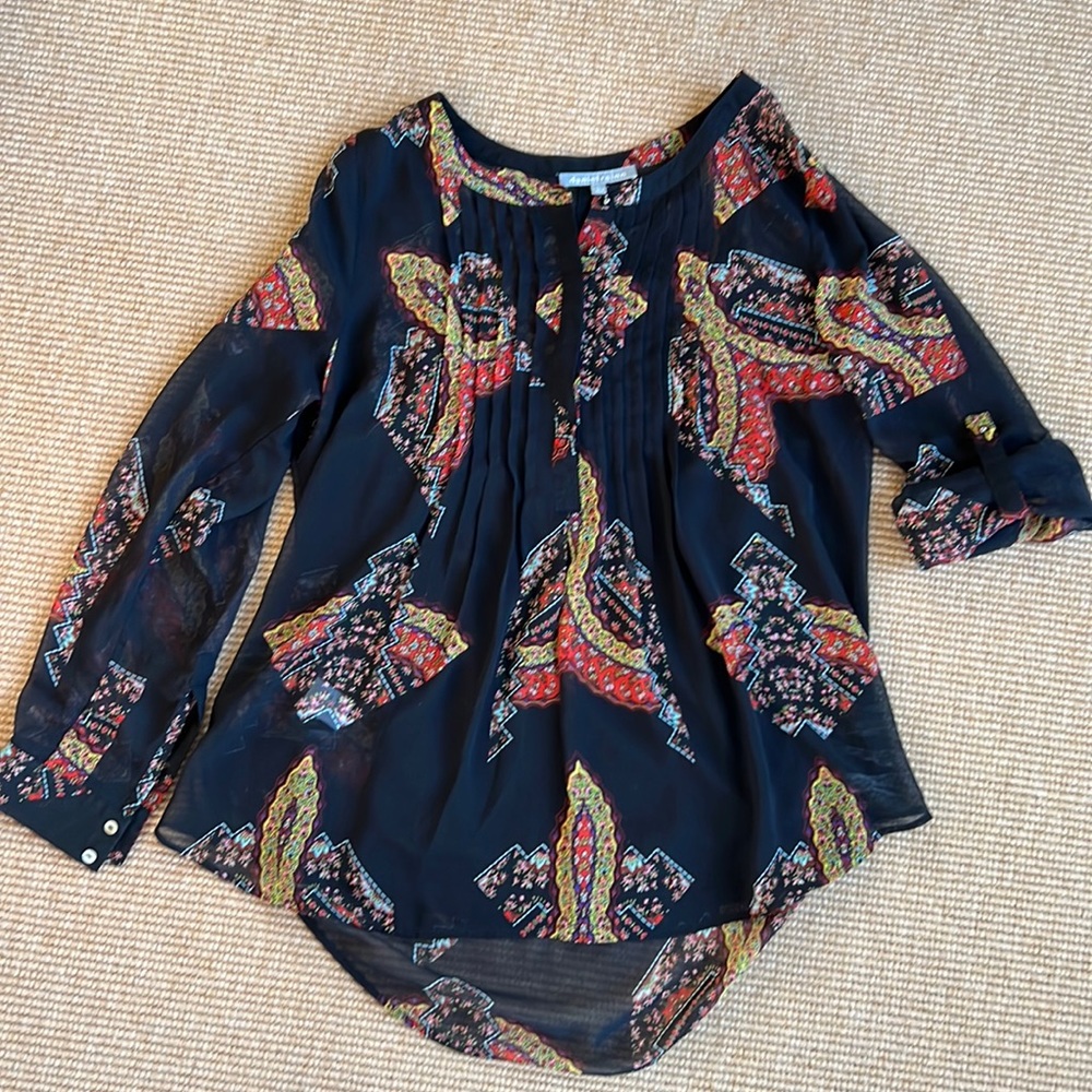 Daniel Rainn Navy Printed Long-Sleeve Blouse with Red and Yellow Accents